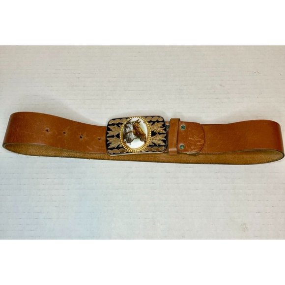 Vintage Western Leather Belt with Raised Horses Cameo Buckle Ornate Gold Tone main image 4